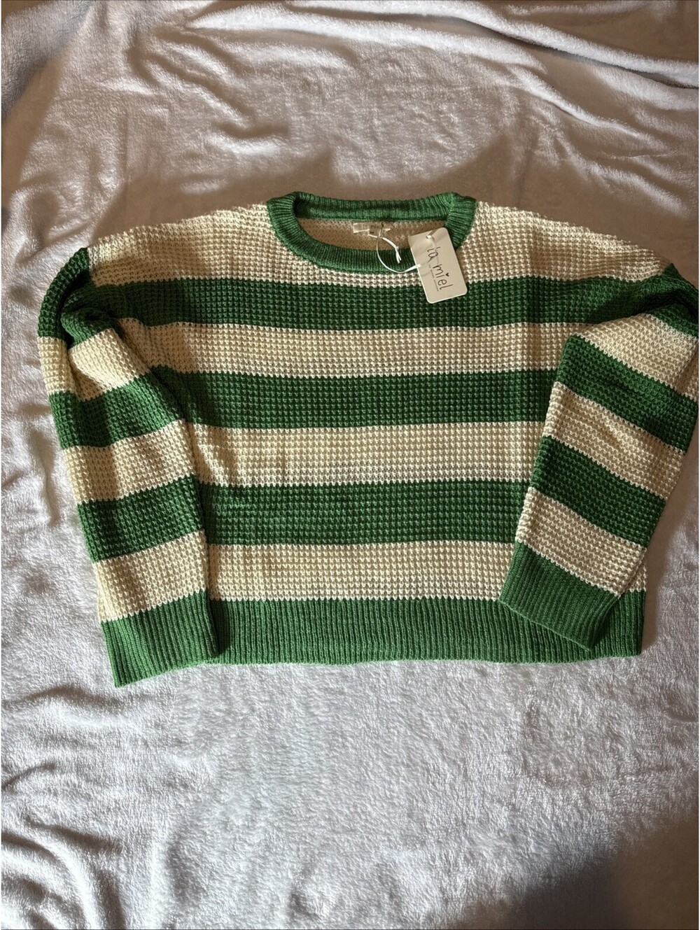 LA MIEL Ivory/Green STRIPED Knit PULLOVER Sweater Cropped Oversized NWT